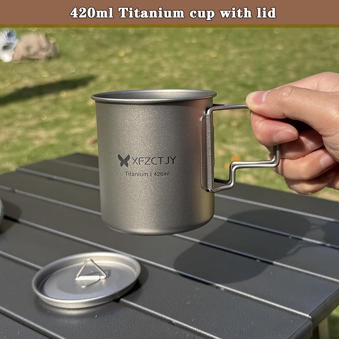 420ml Ultralight Titanium Tea Cup Coffee Mug With Lid Foldable Handle for Backpacking, Hiking Mountaineering