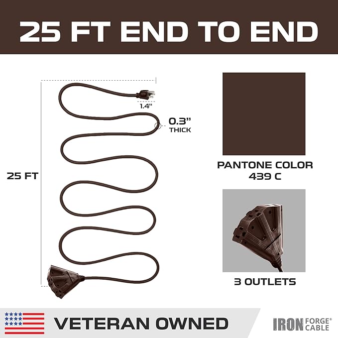 Iron Forge Cable 25ft Brown Outdoor Extension Cord with 3 Outlets - 16/3 SJTW 25ft Extension Cord 3 Prong, 13 Amp All-Weather Heavy Duty Power Cable