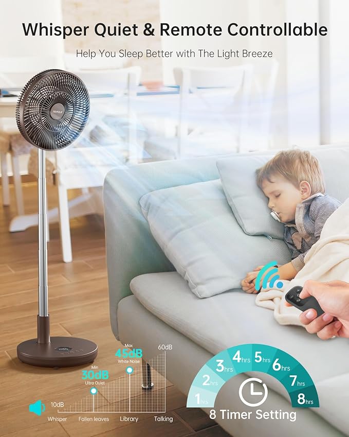 TriPole Foldable Standing Fan 12" Portable Rechargeable Battery Pedestal Fan with Remote, Timer Setting, Height Adjustable, for Home Office, 6 Speed, 12000mAh (Coffee)