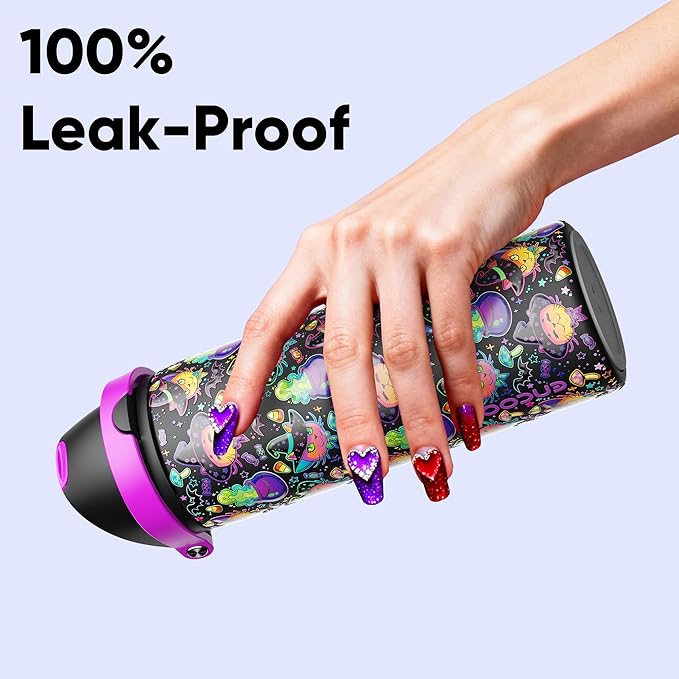 Insulated Water Bottle with Straw - Encool Stainless Steel Water Bottle with Push Button Lid, Leak-Proof & BPA-Free, Keeps Cold for 24 Hours for Sports, Travel, Gym (24 oz, Meowgic Night)
