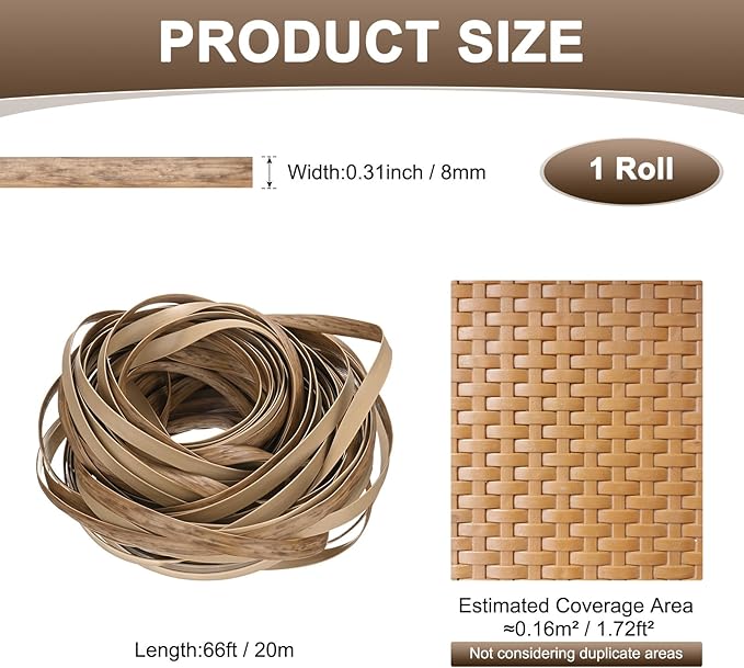 M METERXITY 1-Pack Wicker Repair Kit, 8mm x 66ft/20m Plastic Flat Rattan Replacement Supplies for Patio Furniture Repair/Basket Making/Chair Weaving, Synthetic Woven Rattan [Khaki]