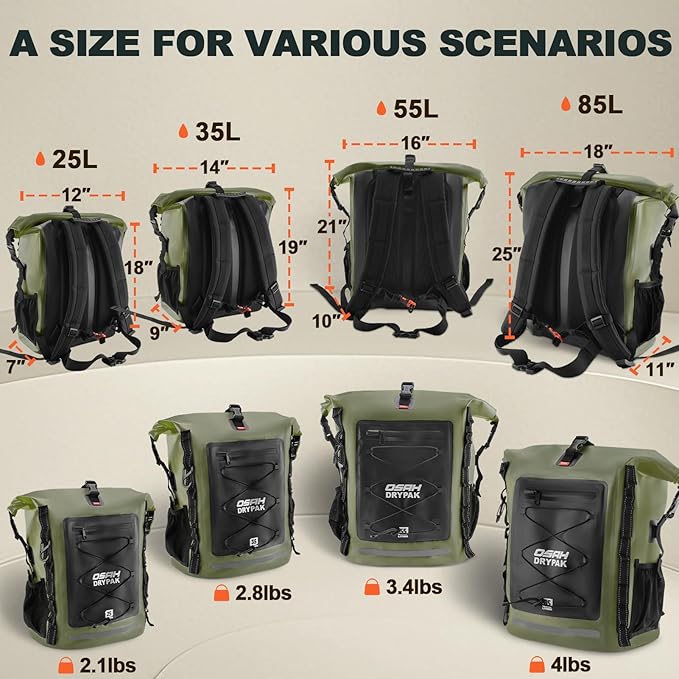 OSAH DRYPAK Waterproof Backpack Dry Bag 25L/35L/55L/85L – Heavy Duty Roll-Top Hiking Backpack Sack Keeps Gear Dry for Travel, Kayaking, Boating, Camping, Rafting and Fishing