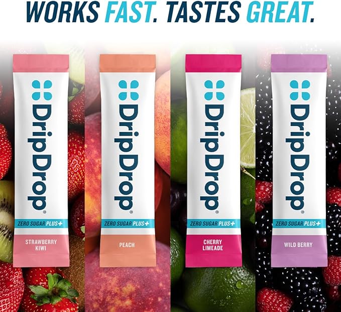 DripDrop Zero Sugar Plus - Sugar Free Hydration Packets - Single Serve Electrolytes Powder Drink Mix - Strawberry Kiwi, Peach, Cherry Limeade, Wild Berry - Non-GMO, Vegan - 16 Sticks