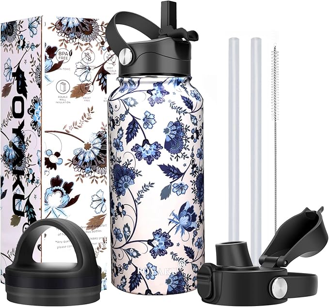 Water Bottle Insulated 32oz 40oz 64oz 128oz Straw Lid Spout Lid & 3 Lids, Leak Proof, Vacuum Insulated,Stainless Steel Water Bottle Wide Mouth for Sports, Gym or Office