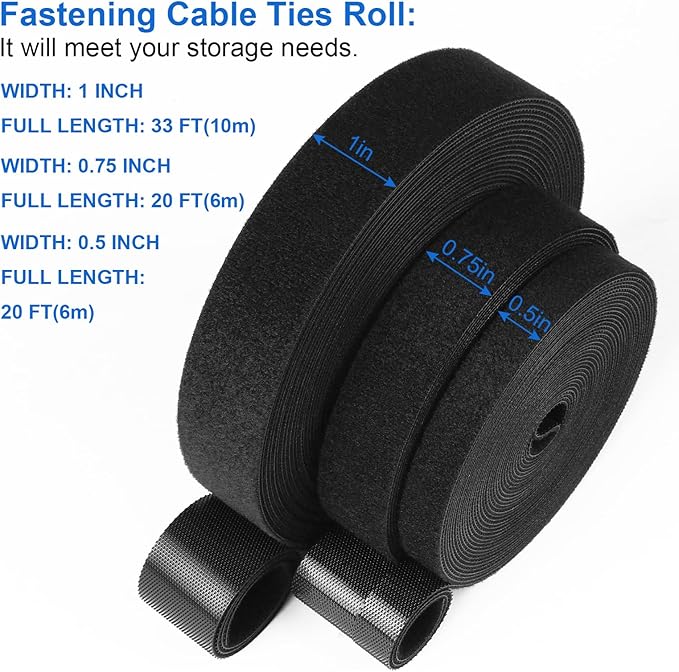 OneLeaf Hook and Loop Roll Reusable Fastening Cable Ties, Free Cutting Multi-Purpose Cable Management Tape，Black Heavy Duty Wire Management for Home and Office