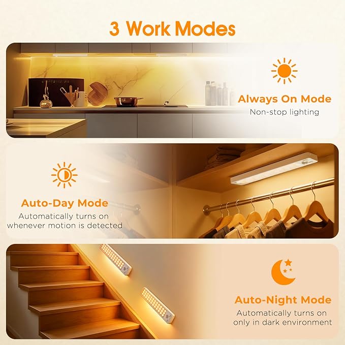 Under Cabinet Rechargeable Dimmable Lighting: 3 Color Temperature Motion Sensor Lights Indoor - Battery Operated Lights - Activated Closet Magnetic Wireless Led Light for Kitchen Home Bathroom 5 Pack