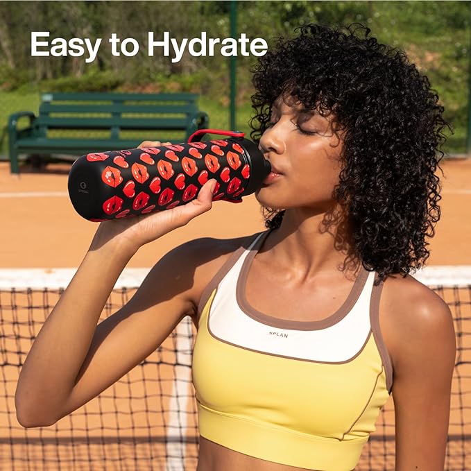 ENCOOL Valentine's Day Insulated Water Bottle with Straw Stainless Steel Water Bottle, Leak-Proof, BPA-Free, Keeps Cold for 24 Hours for Sports, Travel, School (26 oz, Kiss Hearts Red x Black)