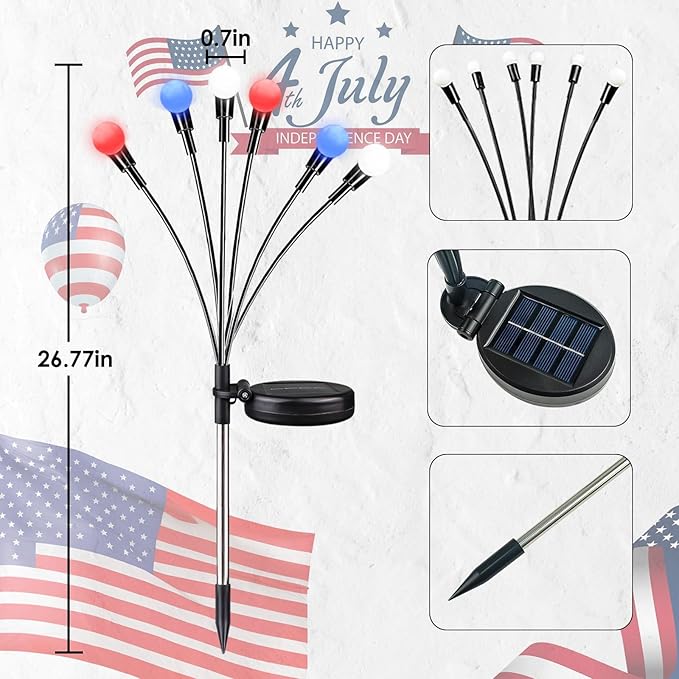 OZS 6 Pack Solar American Flag Lights - 4th of July Solar Garden Outdoor Waterproof Firefly Light for Memory Day, Independence Day, National Day Decoration (Red White Blue)