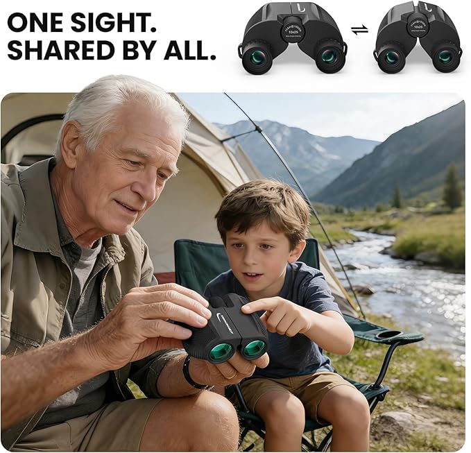 Aurosports Compact Binoculars for Adults and Kids - 10x25 Small Lightweight Binoculars for Bird Watching, Easy Focus for Theater, Cruise & Travel - Ideal Gift with Carrying Case & Strap