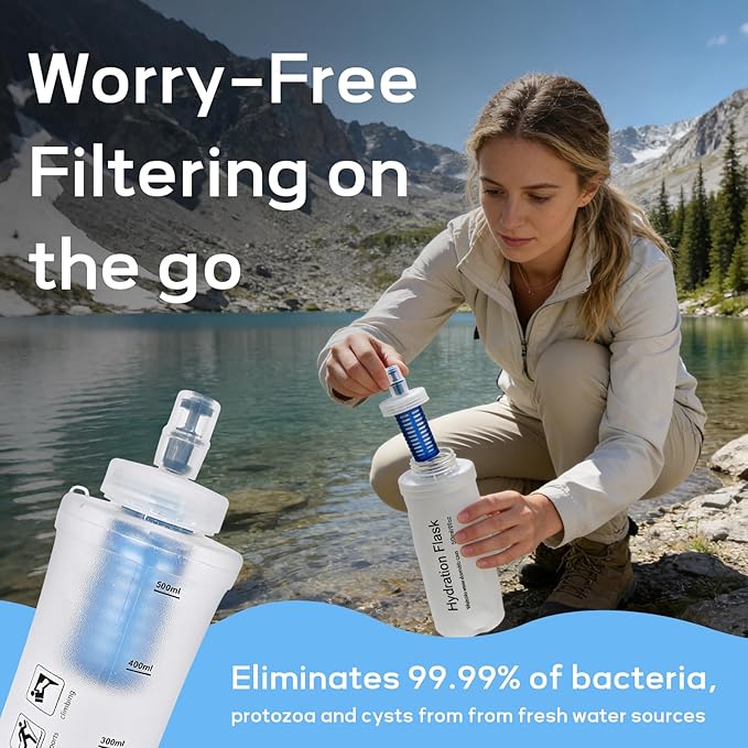 1L Soft Flask Water Bottle, Collapsible Water Bottle with Filter, Perfect for Hiking, Backpacking, and Camping - White