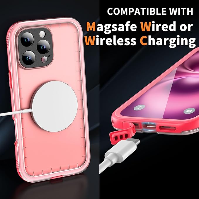 Cozycase for iPhone 16 Pro Max Case Waterproof - 360 Heavy Duty with Screen/Camera Protector Shockproof IP68 Underwater Dustproof Water Shock Proof Full Body/Front and Back Case Pink/Frosted Clear