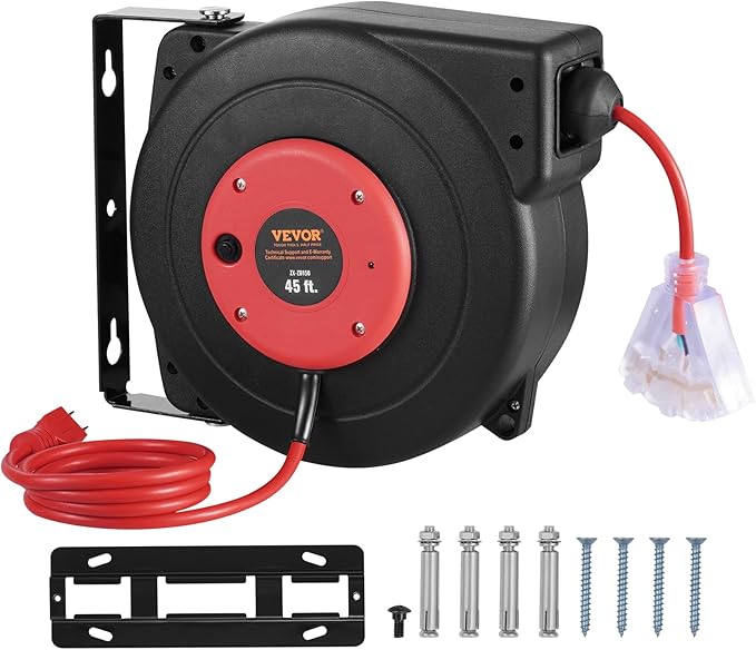VEVOR Retractable Extension Cord Reel, 45 FT, Heavy Duty 12AWG/3C SJTOW Extension Power Cord with Lighted Triple Tap Outlet, 15A Circuit Breaker 180° Swivel Bracket for Ceiling or Wall Mount, Red