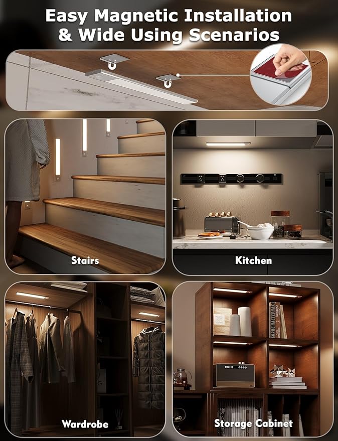 12" Ultra-Thin Under Cabinet Lighting Wireless, Aluminum Alloy Under Counter Lights for Kitchen, 3-Color-Temps Magnetic Closet Lights, Rechargeable Motion Sensor Light Indoor (8 Pack, Silver)