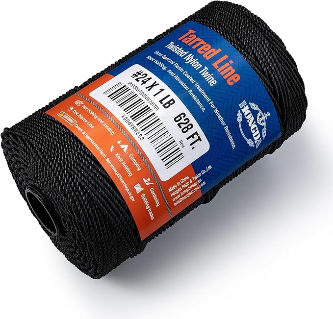 HONGDA Tarred Bank Line Twine, 628 Feet Nylon Twine #24 Bank Line-Black Nylon String, Black Strong Twisted Seine Rope Ideal for Gardening, Construction, Gear Tying, Jungle Survival