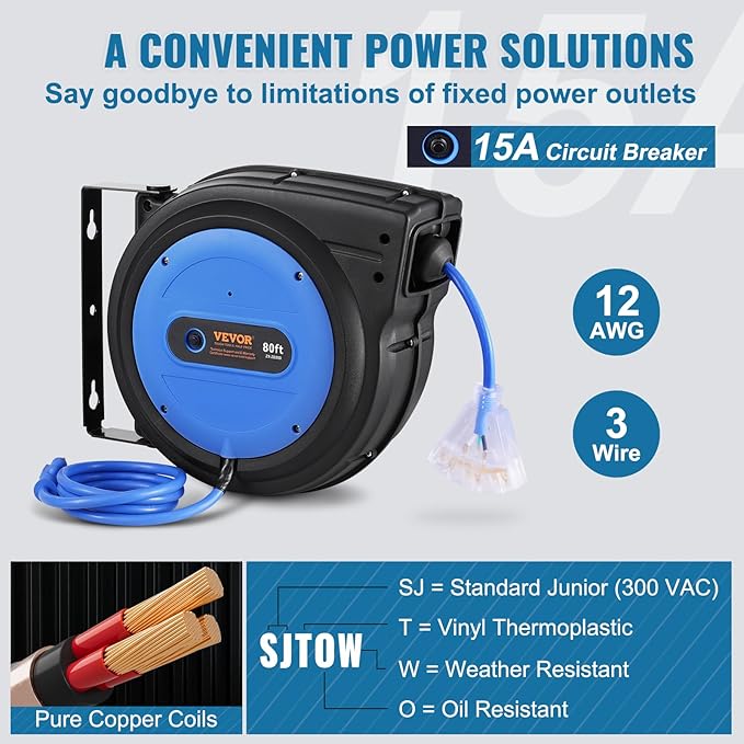 VEVOR 80FT Retractable Extension Cord Reel, 12AWG/3C SJTOW Heavy Duty Power Cord w/Lighted Electrical Triple Tap Outlets, 15A Circuit Breaker,180° Swivel Bracket for Workshop or Garage, Blue