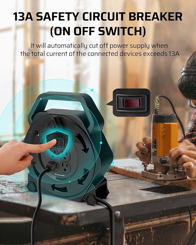 DEWENWILS Extension Cord Reel with 25 FT Power Cord, Hand Wind Retractable, 16/3 AWG SJTW, 4 Grounded Outlets, 13 Amp Circuit Breaker, Black, UL Listed
