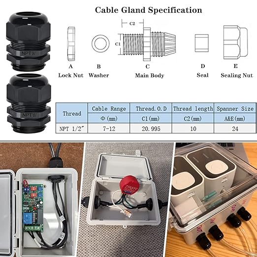 Zulkit 2pcs Junction Box ABS Plastic Dustproof Waterproof IP65 Electrical Boxes Hinged Shell Outdoor Universal Project Enclosure with 2 Cable Glands 7.9 x 3.9 x 2.8 inch (200x100x70mm)