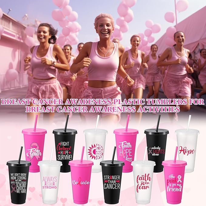 Willinglong 60 Pack Breast Cancer Awareness Gifts Plastic Cups with Lids and Straws 24oz October Pink Ribbon Tumblers in 12 Designs Party Favor Supplies for Women Events Fundraisers Office
