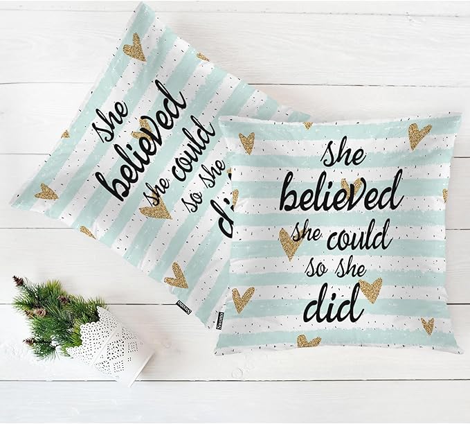 Swono Motivational Quote Pack of 2 Decorative Throw Pillow Covers Cushion Covers, She Believed She Could So She Did Couch Pillow Case Boho Cushion Pillowcase for Bedroom Sofa Living Room 18X18 Inch