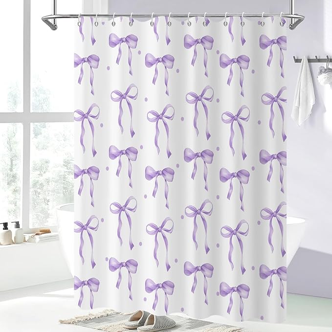 Purple Bow Shower Curtain, Lavender Modern Aesthetic Bowknot with Polka Dot Cute Girly Bathroom Curtain Waterproof Fabric Machine Washable with Hooks, 72" Wx78 L