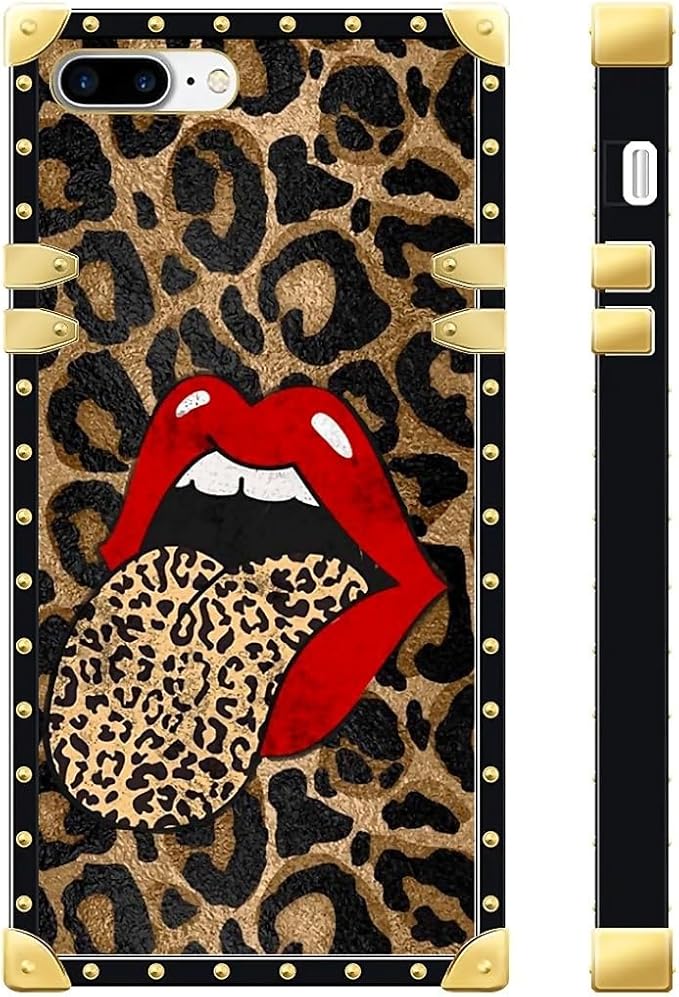 Compatible with iPhone 8 7 SE Case, Brown Leopard Print Mouth Luxury Golden Decoration for Girl Women Soft TPU Shockproof Protective Hard PC Back for iPhone 8 7 SE