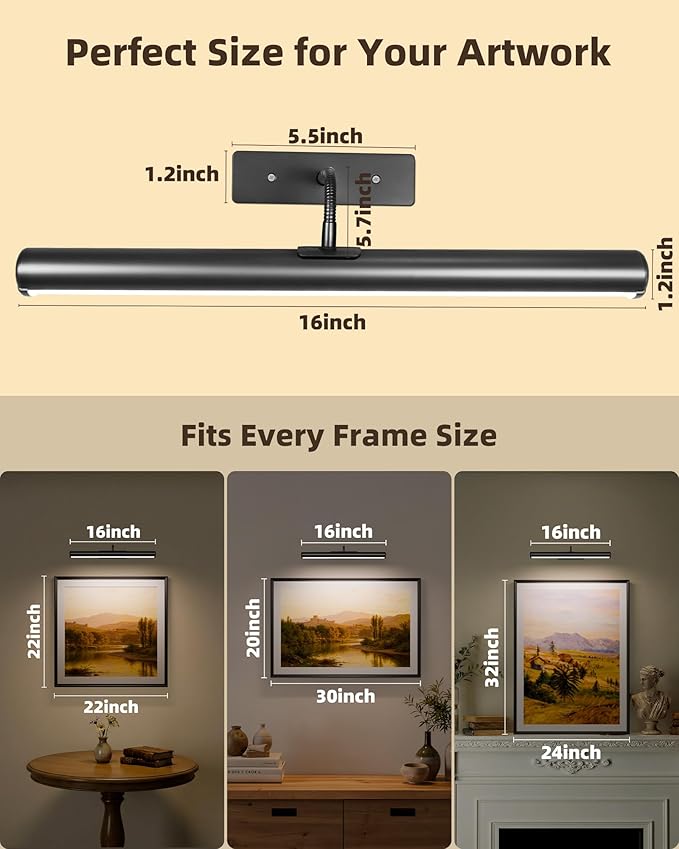 EZVALO 16in Picture Lights for Wall, Rechargeable 6000mAh Cordless Art Lights with Remote, 3 Color Temperatures LED Painting Lights for Artwork, Frames, Gallery (Black, 2Pack)