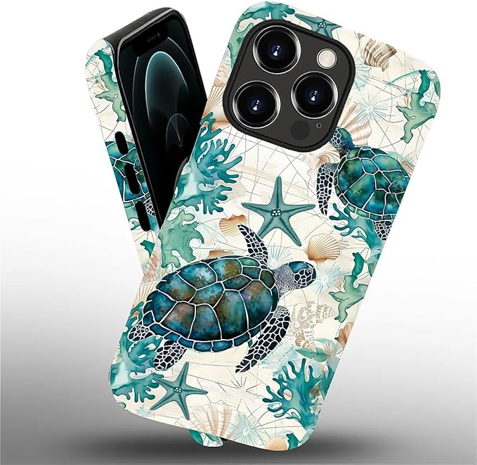 for iPhone 12/12 Pro Case,HH2 Ocean Sea Turtle Nautical Map Hybrid 2 Layer Hard Shell Silicone Protective Pattern Design Case