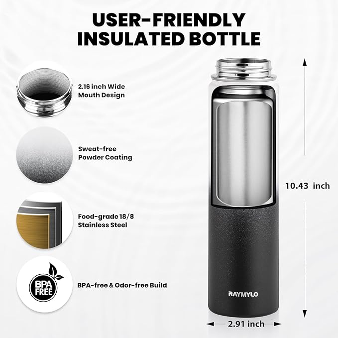 RAYMYLO Insulated Water Bottle 24oz, Triple Wall Vacuum Stainless Steel (Cold for 24Hrs, Hot for 12Hrs), Leak Proof & Non-BPA, 24oz Hydro Water Flask with Paracord Handle & Straw Spout Lids