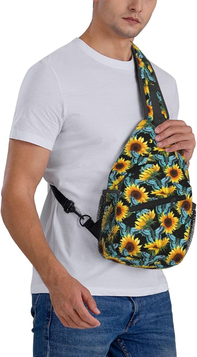 Sunflower And Blue Butterfly Sling Bag For Women Men Fashion Print Backpack Crossbody Shoulder Bag Sling Backpack Chest Bag Travel Hiking Casual Sport Daypack