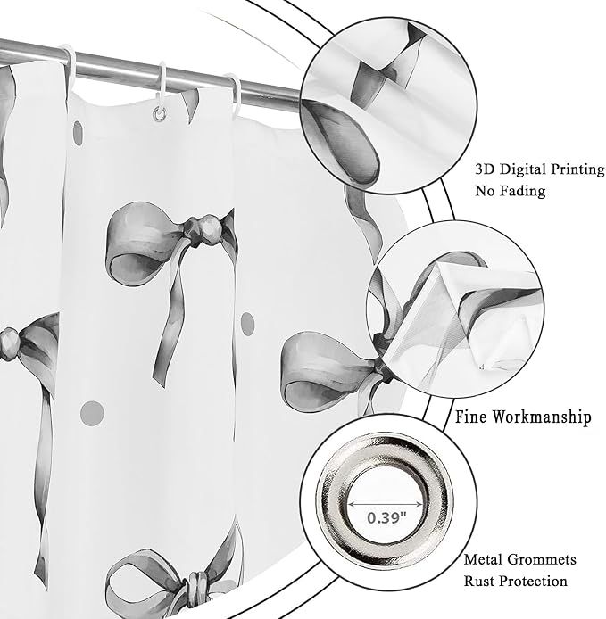 Grey and White Bow Shower Curtain, Grey Modern Aesthetic Bowknot with Polka Dot Cute Girly Bathroom Curtain Waterproof Fabric Machine Washable with Hooks, 72" Wx78 L