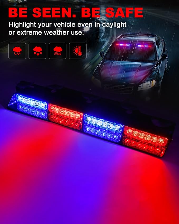 HLauto 6Z4J Emergency Dash Strobe Lights: 2x16.8 inch Red Blue Safety Lights, 48 LED Flashing Warning Hazard Interior Windshield Visor Traffic Light Bar for Trucks, Construction Vehicles