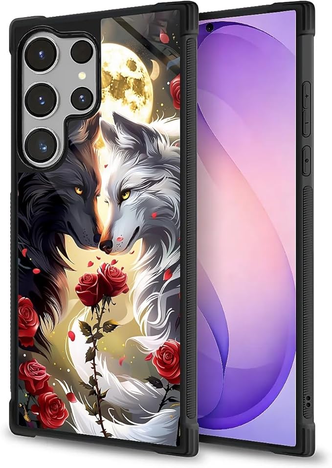 for Samsung Galaxy S26 Ultra Case,Graphic Design for Girl Boy Soft Silicone Hard Acrylic Shock Protection Designed for Samsung Galaxy S26 Ultra Black White Wolf Moon Flower Rose Pattern