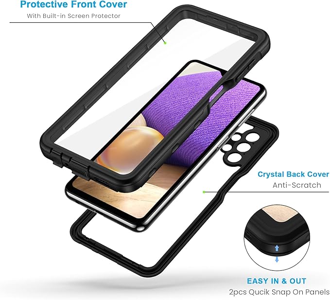 Lanhiem for Samsung Galaxy A32 5G Phone Case, IP68 Waterproof Dustproof Case, Built-in Screen Protector, Heavy Duty Full Body Protective Phone Case for Galaxy A32 5G, Black/Clear