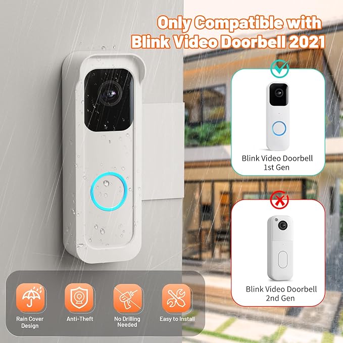 Blink Doorbell Mount, Anti-Theft Camera Mount Bracket with Rain Cover, Compatible with Blink Doorbell 1st Gen(Not for 2nd Gen), No Block Sensor & Night Vision, White