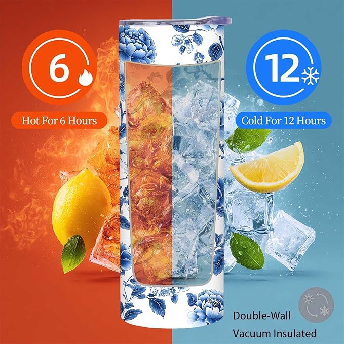 Firmiso 20 oz Tumbler｜Skinny Insulated Travel Mug｜Blue White Peony Chinoiserie Stainless Steel Cup with Lid and Telescopic Straw｜Elegant Floral Drinkware｜Gift Idea for Women and Men