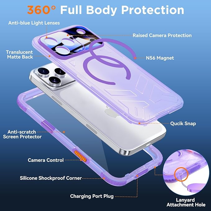 WIFORT for iPhone 17 Pro Max Waterproof Case, [Fit for Magsafe] with Sapphire Lens & Screen Protector, IP68 Full Body 15FT Military Shockproof, Magnetic Frosted Phone Cover with Lanyard, 6.9" Purple