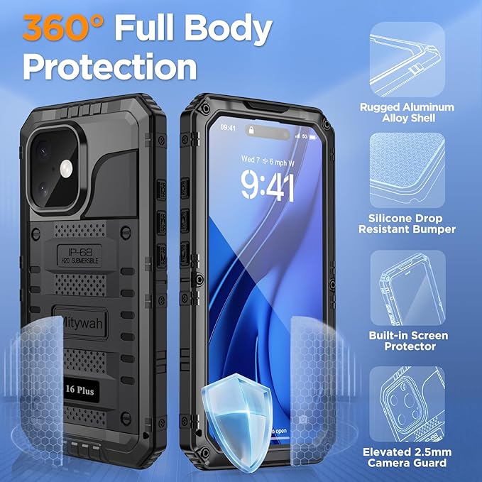 Mitywah Waterproof Case for iPhone 16 Plus, Shockproof Heavy Duty Case with Built-in Screen Protector, Underwater Full Body Protective Metal Case 6.7 inch, Black