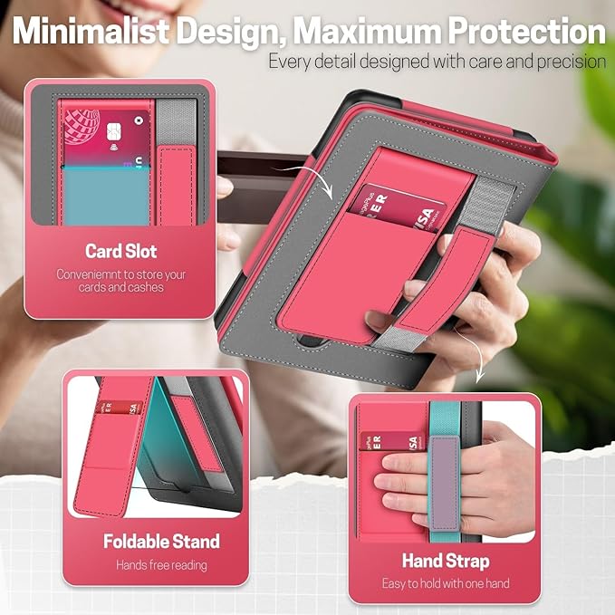 TNP Stand Case for Kindle Paperwhite 12th Generation 2024 / Kindle Colorsoft Signature Edition with Hand Strap & Card Slot - 7" PU Leather Protective Folio Cover with Auto Wake/Sleep, Light Pink