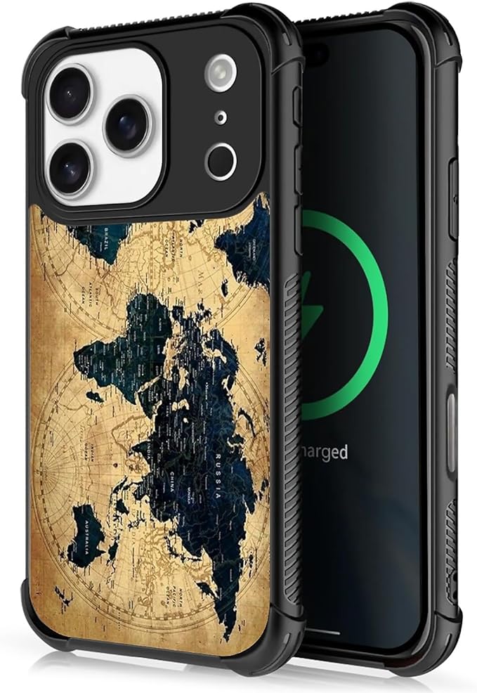 for iPhone 17 Pro Case,for MagSafe Graphic Design for Girl Boy Soft Silicone Hard Acrylic Shock Protection Designed for iPhone 17 Pro Brown World Map Pattern