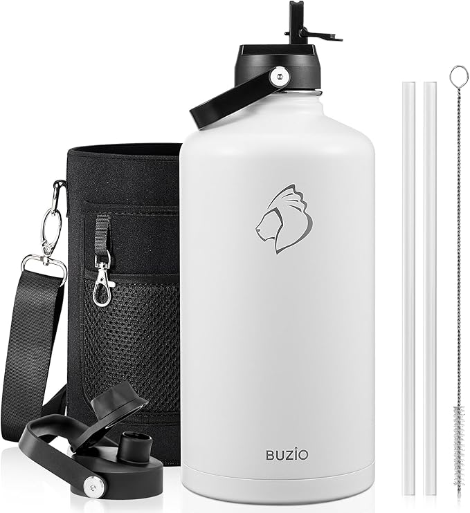 BUZIO Gallon Water Bottle Insulated, 128 oz Large Water Jug Vacuum Stainless Steel Big Metal Flask (Cold for 48 Hrs), Leak Proof & BPA-Free, with Straw and Spout Lids, White