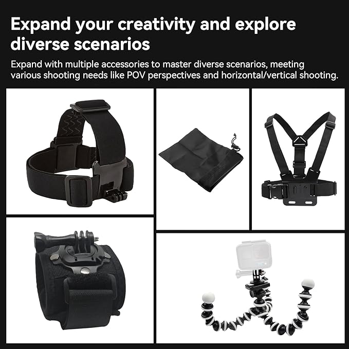 Action Camera Accessories Adventure Kit, Includes Helmet Mount, Chest Strap, Head Strap, Selfie Stick, Handlebar Mount, Floating Hand Grip, Lens Cover, Cleaning Cloth (USB Cable Included)