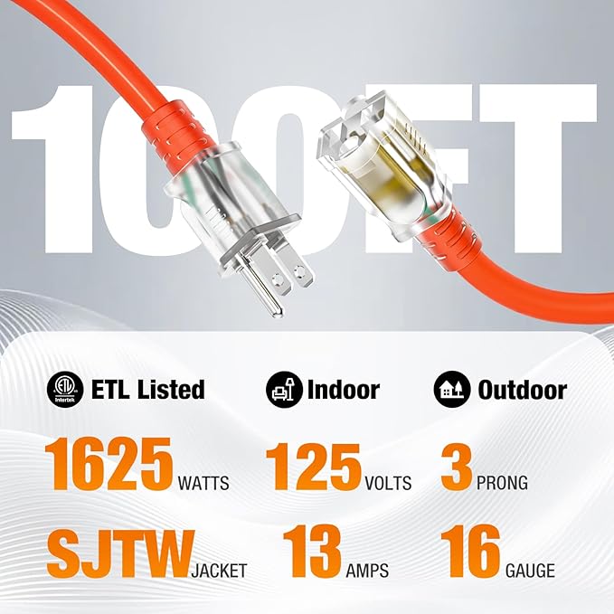 100 FT Outdoor Extension Cord Waterproof, 16/3 Gauge Heavy Duty 3 Prong Power Cord with Lighted Indicator End, 13A 125V 1625W SJTW, ETL Listed, Great for Lawn/Garden/Home(Orange)