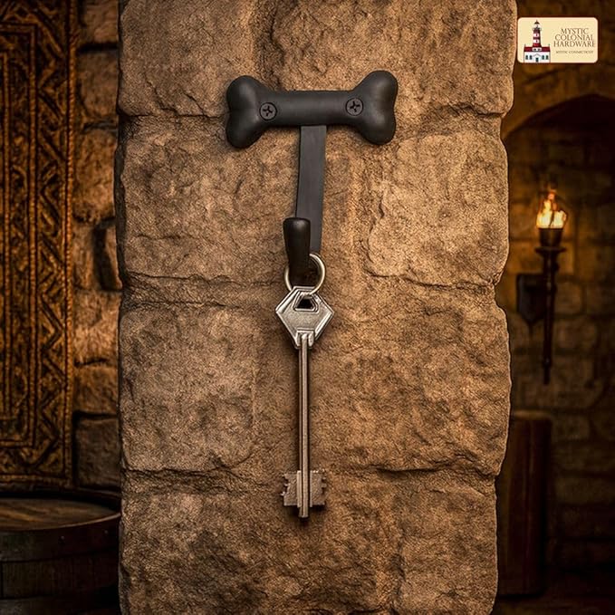 Mystic Colonial Medieval Cast Iron Bone-Shaped Wall Hook (Set of 2) | (3 in x 4 in) Rustic Gothic Decorative Hooks with Black Finish for Coats, Hats, Keys, Towels & Bags
