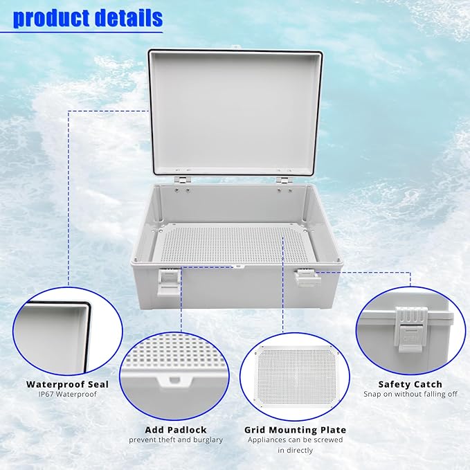 MAKERELE Outdoor electrical Box Weatherproof Includes Internal Mounting Panel 15.7"*11.8"*6.7" (400 * 300 * 170mm) Large Project Box For Electronics Hinged Cover Plastic Clip With 2 NPT 3/4” Glands