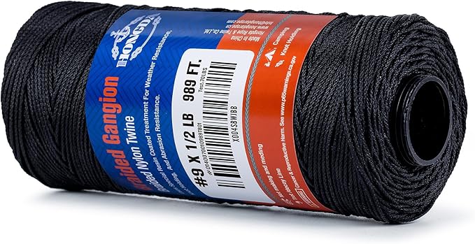 Hongda #9 Braided Bank Line Twine, 989 Feet Black Bonded Nylon Gangion Line (70–300 lb), Predictable Break Strength • Abrasion & UV Resistant • Clean Easy for Offshore Tuna Longline & Groundfish Sets