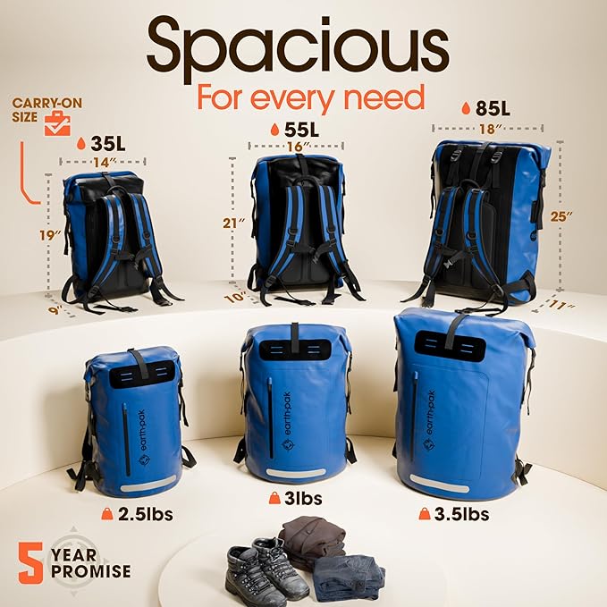 Earth Pak Waterproof Backpack - Heavy Duty Roll-Top Closure with Easy Access Front-Zippered Pocket and Cushioned Padded Back Panel for Comfort with IPX8 Waterproof Phone Case, Blue, 85L, Messenger Bag