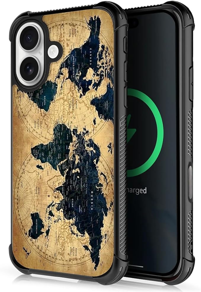 for iPhone 17 Case,for MagSafe Graphic Design for Girl Boy Soft Silicone Hard Acrylic Shock Protection Designed for iPhone 17 Brown World Map Pattern