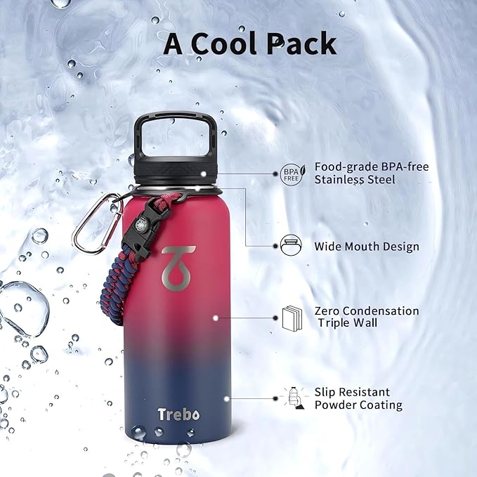 Trebo 32oz Water Bottle Insulated with Paracord Handle and Straw,Vacuum Triple Wall Stainless Steel Water Jug Keep Cold 48 Hours, Water Flask with 3 Lids for Men Women Sports,Travel,Ruby Red
