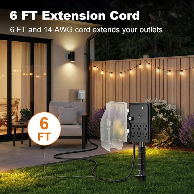 SURAIELEC Outdoor Power Stake Light Timer, Dusk to Dawn, 6 Electrical Outlet Power Strip Weatherproof, 6FT Extension Cord Multiple Outlet for Patio Lights, Sprinkler, Garden, Christmas Decorations