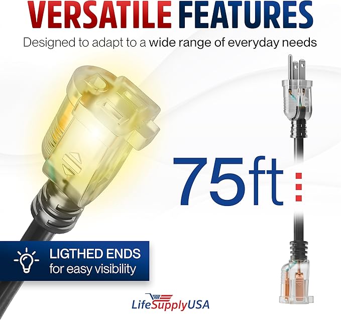75ft Outdoor/Indoor Extension Cord 16/3 Gauge Heavy Duty 3 Prong SJTW, Waterproof, Flexible Cold-Resistant Long Power Cord,10A 125V 1250W, Black by LifeSupplyUSA